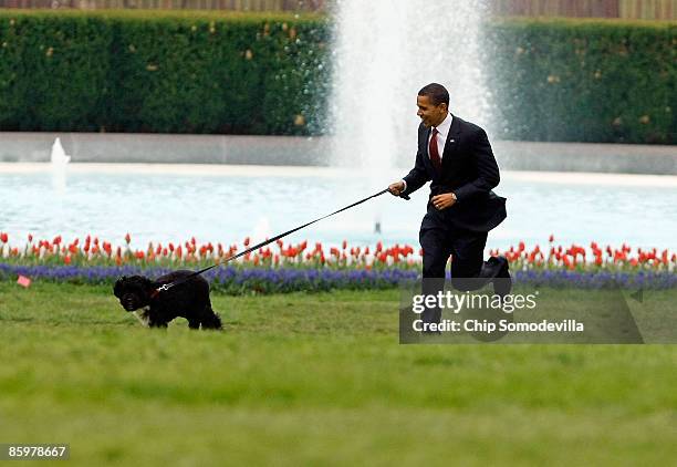 President Barack Obama runs with his family's new dog, a Portuguese water dog named Bo, on the South Lawn of the White House April 14, 2009 in...