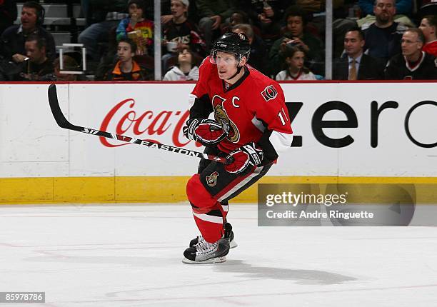 Daniel Alfredsson of the Ottawa Senators skates against the New Jersey Devils at Scotiabank Place on April 9, 2009 in Ottawa, Ontario, Canada.