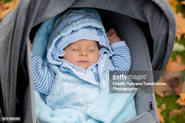 little newborn baby boy, sleeping in bassinet in srtoller outdoors in the park - baby stroller stock-fotos und bilder