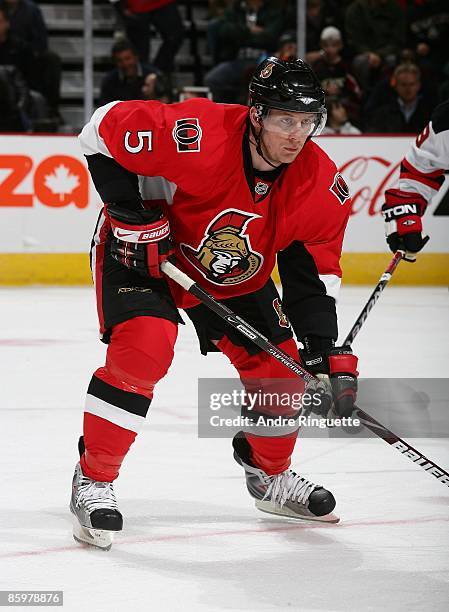 Christoph Schubert of the Ottawa Senators skates against the New Jersey Devils at Scotiabank Place on April 9, 2009 in Ottawa, Ontario, Canada.