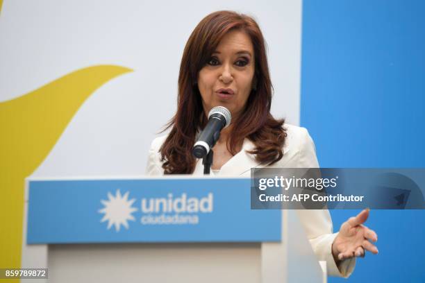 Argentina's former president and Buenos Aires senatorial candidate for the Unidad Ciudadana Party, Cristina Fernandez de Kirchner gestures during a...