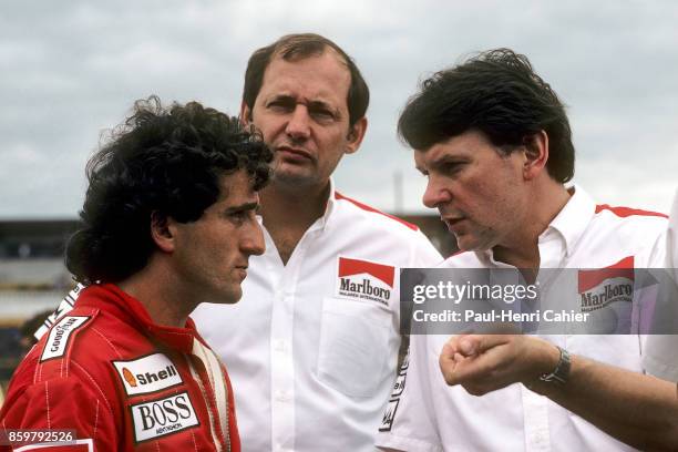 Alain Prost, Ron Dennis, John Barnard, Grand Prix of Brazil, Autodromo Internacional Nelson Piquet, March 23, 1986. McLaren designer John Barnard,...