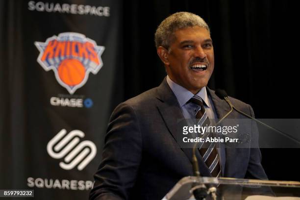 New York Knicks President Steve Mills speaks at the unveiling of the Knicks' jersey sponsorship with Squarespace at Madison Square Garden on October...