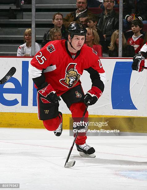 Chris Neil of the Ottawa Senators skates against the New Jersey Devils at Scotiabank Place on April 9, 2009 in Ottawa, Ontario, Canada.