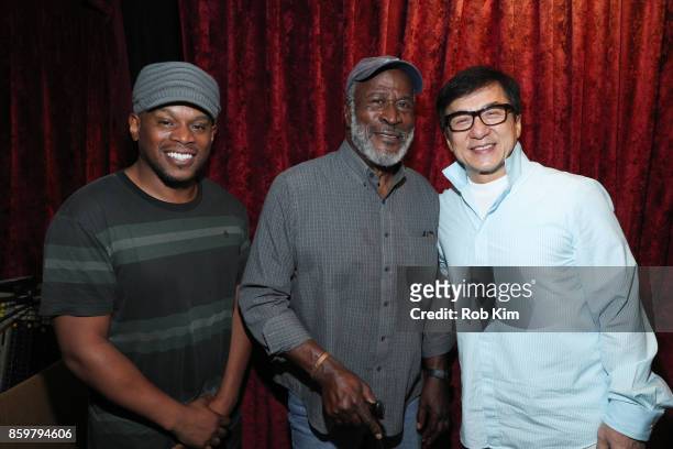 Sway Calloway, John Amos and Jackie Chan pose together for a photo at SiriusXM Studios on October 10, 2017 in New York City.