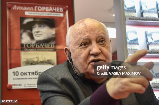 Former head of the USSR Mikhail Gorbachev speaks during the presentation of his book "I Remain an Optimist" at a book store in Moscow on October 10,...