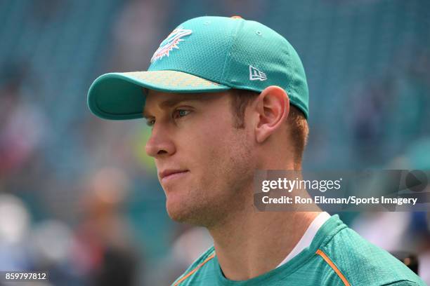 Quarterback Ryan Tannehill of the Miami Dolphins looks on before a NFL game against the Tennessee Titans on October 8, 2017 at Hard Rock Stadium in...