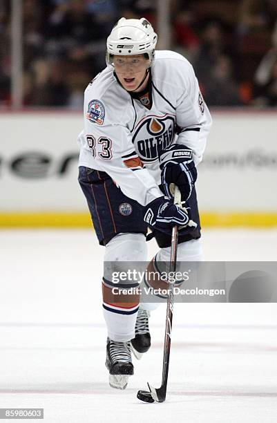 Ales Hemsky of the Edmonton Oilers plays the puck through the neutral zone during the NHL game against the Anaheim Ducks at Honda Center on March 27,...