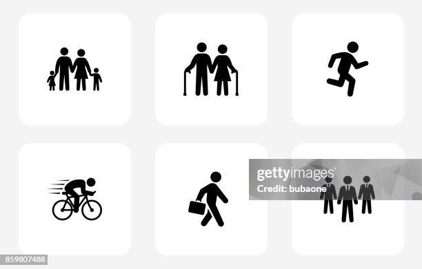 people and modern life icon set on white flat square buttons - mother son standing bed stock illustrations