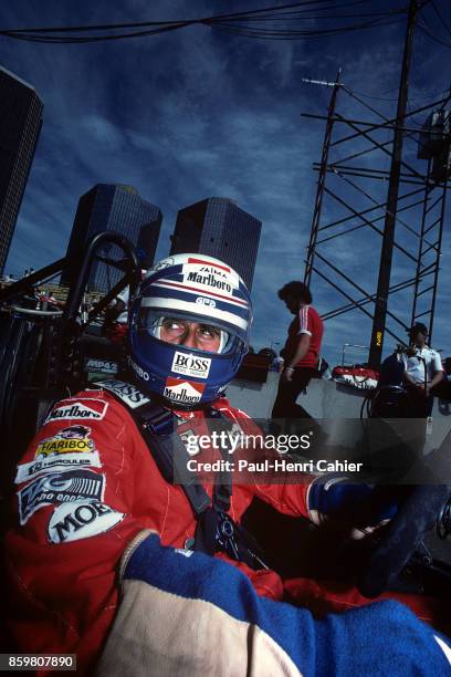 Alain Prost, McLaren-TAG MP4/2, Grand Prix of Detroit, Detroit street circuit, June 24, 1984.