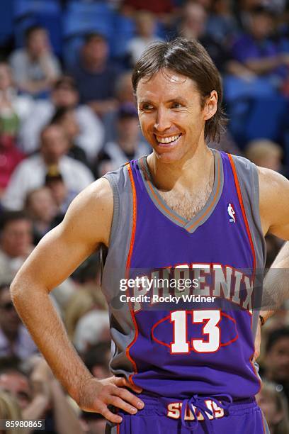 Steve Nash of the Phoenix Suns looks on with a smile during the game against the Sacramento Kings at Arco Arena on March 29, 2009 in Sacramento,...