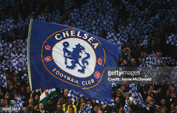 Chelsea flag is waved during the UEFA Champions League Quarter Final Second Leg match between Chelsea and Liverpool at Stamford Bridge on April 14,...