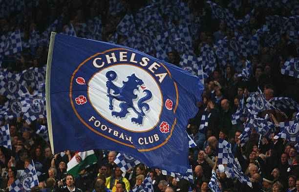 Chelsea flag is waved during the UEFA Champions League Quarter Final Second Leg match between Chelsea and Liverpool at Stamford Bridge on April 14,...