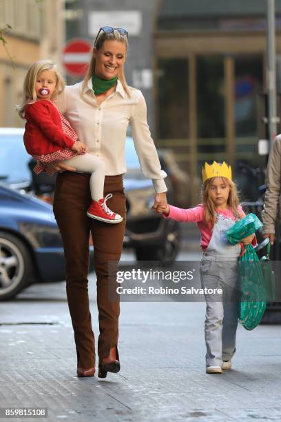 Michelle Hunziker with Sole and Celeste Trussardi are seen on October 10, 2017 in Milan, Italy.