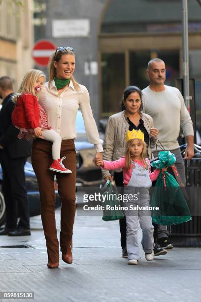 Michelle Hunziker with Sole and Celeste Trussardi are seen on October 10, 2017 in Milan, Italy.