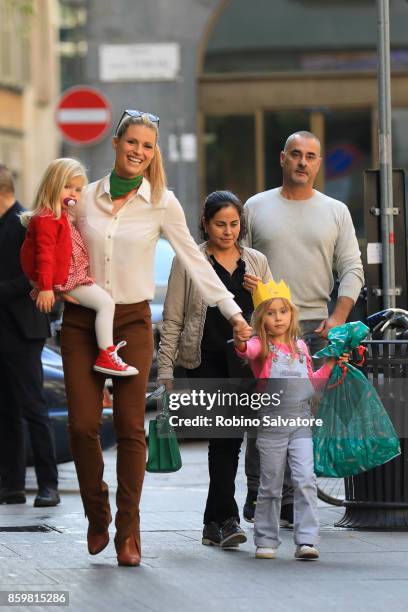 Michelle Hunziker with Sole and Celeste Trussardi are seen on October 10, 2017 in Milan, Italy.