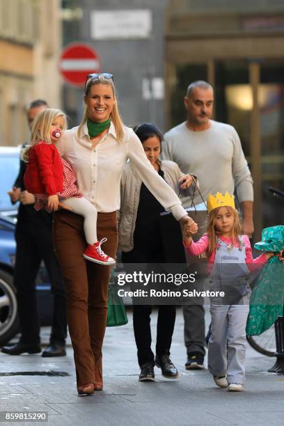 Michelle Hunziker with Sole and Celeste Trussardi are seen on October 10, 2017 in Milan, Italy.