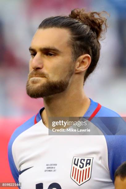 Graham Zusi of the United States looks on during the national anthem before the game against Costa Rica during the FIFA 2018 World Cup Qualifier at...