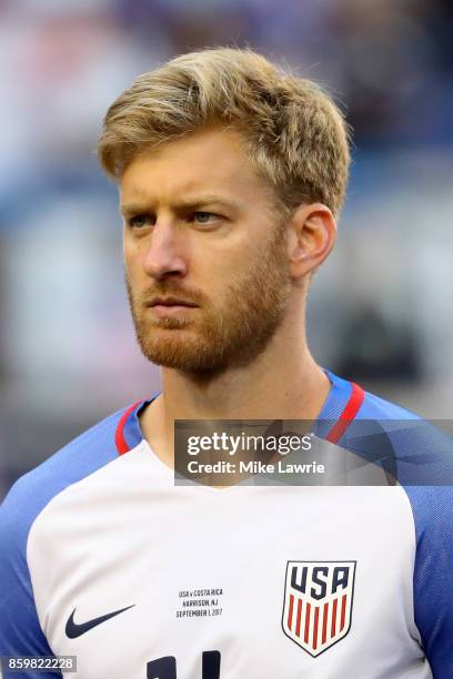 Tim Ream of the United States looks on during the national anthem before the game against Costa Rica during the FIFA 2018 World Cup Qualifier at Red...