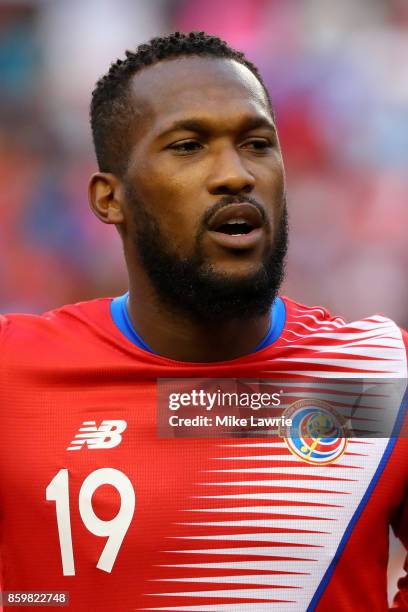 Kendall Watson of Costa Rica looks on during the national anthem before the game against the United States during the FIFA 2018 World Cup Qualifier...