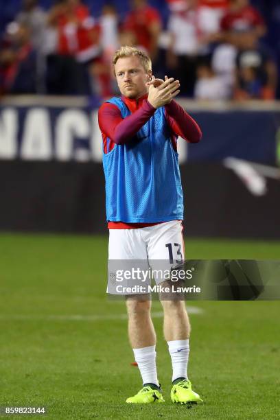 Dax McCarty of the United States acknowledges the crowd after the game against Costa Rica during the FIFA 2018 World Cup Qualifier at Red Bull Arena...