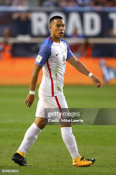 Bobby Wood of the United States looks on against Costa Rica during the FIFA 2018 World Cup Qualifier at Red Bull Arena on September 1, 2017 in...
