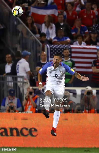 Clint Dempsey of the United States heads the ball against Costa Rica during the FIFA 2018 World Cup Qualifier at Red Bull Arena on September 1, 2017...