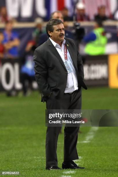 Costa Rica head coach Oscar Ramirez looks on against the United States during the FIFA 2018 World Cup Qualifier at Red Bull Arena on September 1,...