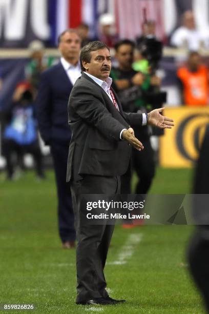 Costa Rica head coach Oscar Ramirez looks on against the United States during the FIFA 2018 World Cup Qualifier at Red Bull Arena on September 1,...