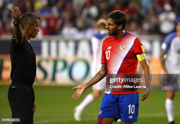 Bryan Ruiz of Costa Rica speaks to the referee after a call against the United States during the FIFA 2018 World Cup Qualifier at Red Bull Arena on...