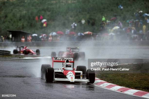 Nigel Mansell, Alain Prost, Ricardo Patrese, McLaren-Honda MP4/5, Grand Prix of Belgium, Circuit de Spa-Francorchamps, August 27, 1989.