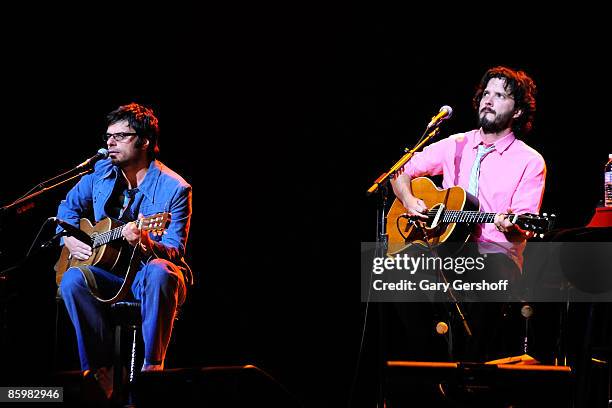 Pop musicians Jemaine Clement and Bret McKenzie of the band, Flight of The Conchords, perform at Radio City Music Hall on April 14, 2009 in New York...