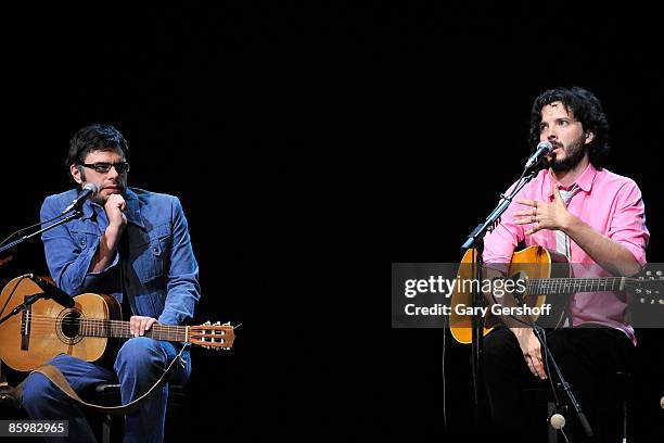 Pop musicians Jemaine Clement and Bret McKenzie of the band, Flight of The Conchords, perform at Radio City Music Hall on April 14, 2009 in New York...