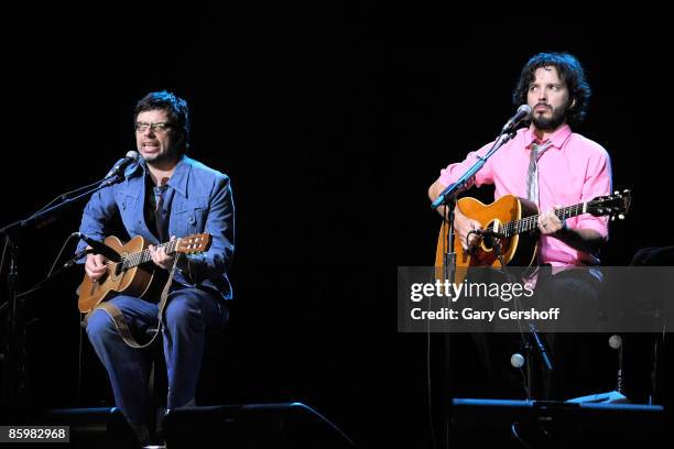 Pop musicians Jemaine Clement and Bret McKenzie of the band, Flight of The Conchords, perform at Radio City Music Hall on April 14, 2009 in New York...