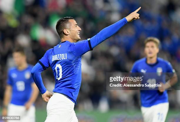 Federico Bonazzoli of Italy U21 celebrates after scoring his team third goal during the international friendly match between Italy U21 and Morocco...