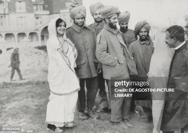 Indian soldiers injured during the battles, Indian troops in England, UK, World War I, photo by Trampus, from L'Illustrazione Italiana, Year XLII, No...