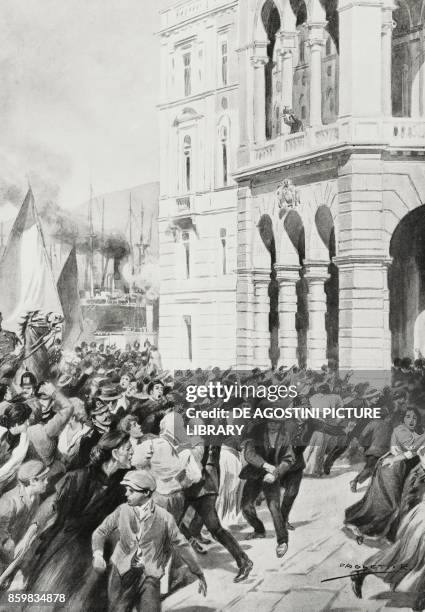 People exasperated by hunger attempting to assault the palace of Liutenancy, Trieste, Italy, World War I, drawing by Rodolfo Paoletti from...