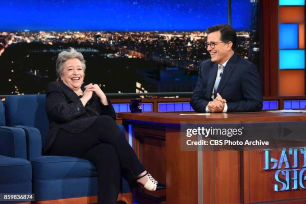 The Late Show with Stephen Colbert and guest Kathy Bates during Friday's October 6, 2017 show.