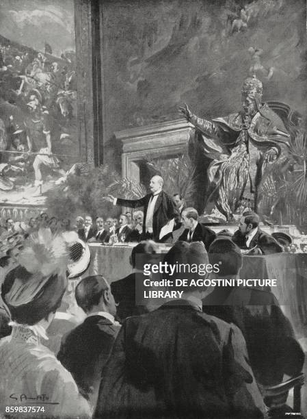 Italian Prime Minister Antonio Salandra holding a speech at the Capitol , June 2 Rome, Italy, World War I, drawing by Gennaro d'Amato from...