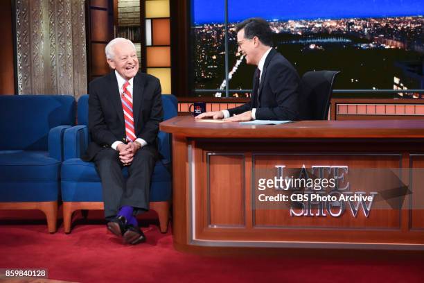 The Late Show with Stephen Colbert and guest Bob Schieffer during Monday's October 9, 2017 show.