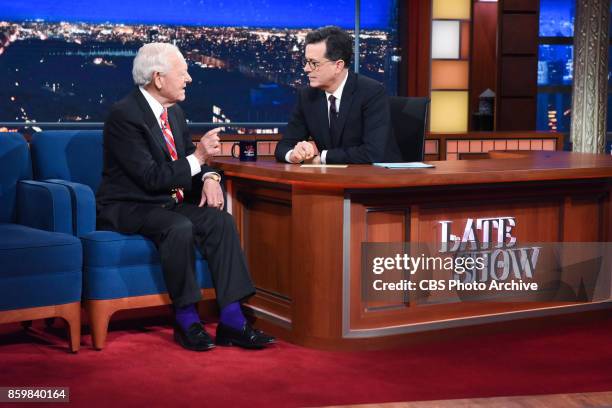 The Late Show with Stephen Colbert and guest Bob Schieffer during Monday's October 9, 2017 show.