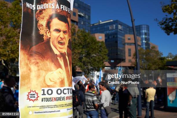 Poster depicting French President Emmanuel Macon. More than 15000 protesters took to the streets of Toulouse against the new Macron's reforms on the...