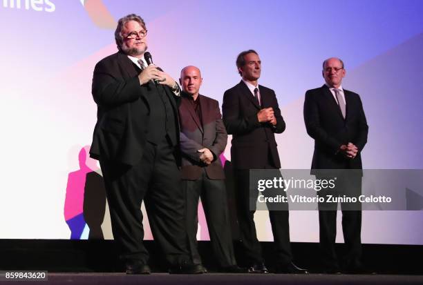 Director Guillermo del Toro, producer J Miles Dale, film composer Alexandre Desplat and actor Richard Jenkins onstage ahead of the American Airlines...