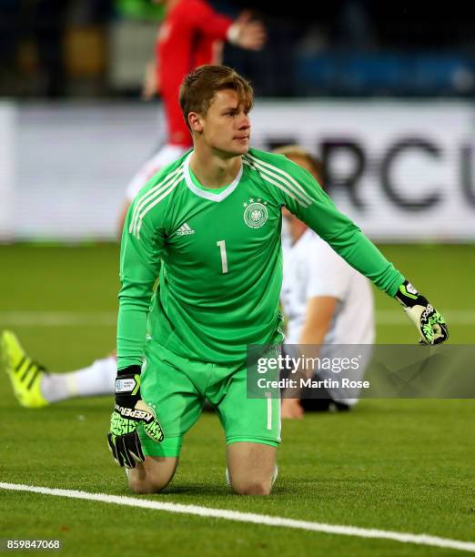 Alexander Nuebel, goalkeeper of Germany reacts during the UEFA Under21 Euro 2019 Qualifier match between U21 of Norway and U21 of Germany at...