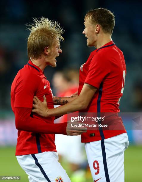 Morten Thorsby of Norway celebrate with team mate Birk Risa after he scores the 3rd goal during the UEFA Under21 Euro 2019 Qualifier match between...