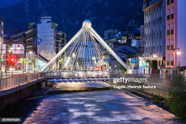 gran valira river and pont de paris in andorra la vella - andorra la vella stockfoto's en -beelden