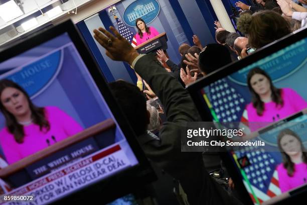White House Press Secretary Sarah Huckabee Sanders conducts a news conference in the Brady Press Briefing Room at the White House October 10, 2017 in...