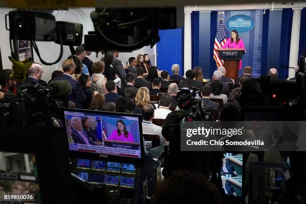 White House Press Secretary Sarah Huckabee Sanders conducts a news conference in the Brady Press Briefing Room at the White House October 10, 2017 in...