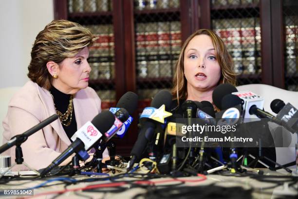 Attorney Gloria Allred and her client Louisette Geiss speak during a press conference about her clients allegations of sexual harassment by Harvey...