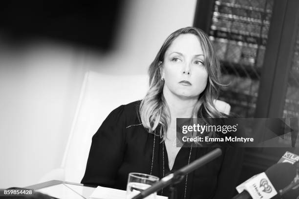 Attorney Gloria Allred's client Louisette Geiss speaks during a press conference about her allegations of sexual harassment by Harvey Weinstein at...